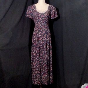 VTG Joni Blair Cottagecore Blue S.Sleeve Dress w/  Red Floral Pattern Size 9
